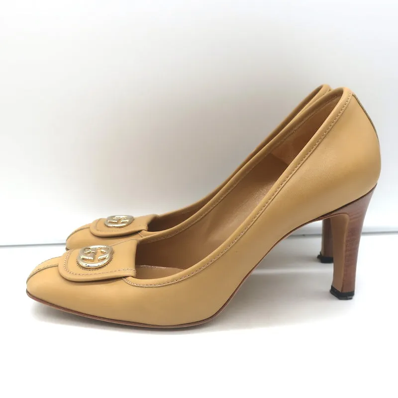Gucci Interlocking GG Pumps Beige Leather Size 8 Square Toe Heels