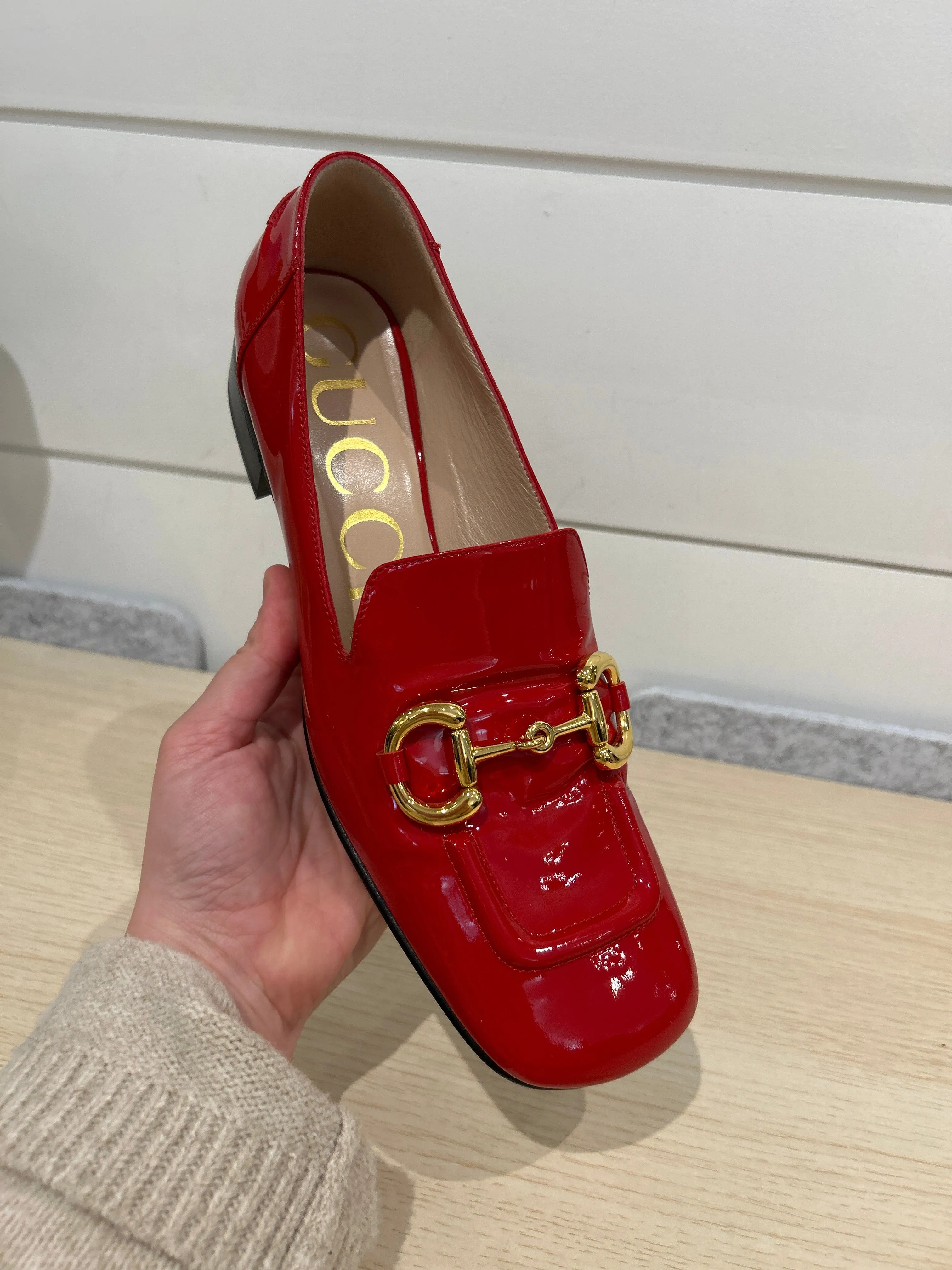 Gucci Shoes, Red Vernice Horsebit Square Toe Loafers (size 39)