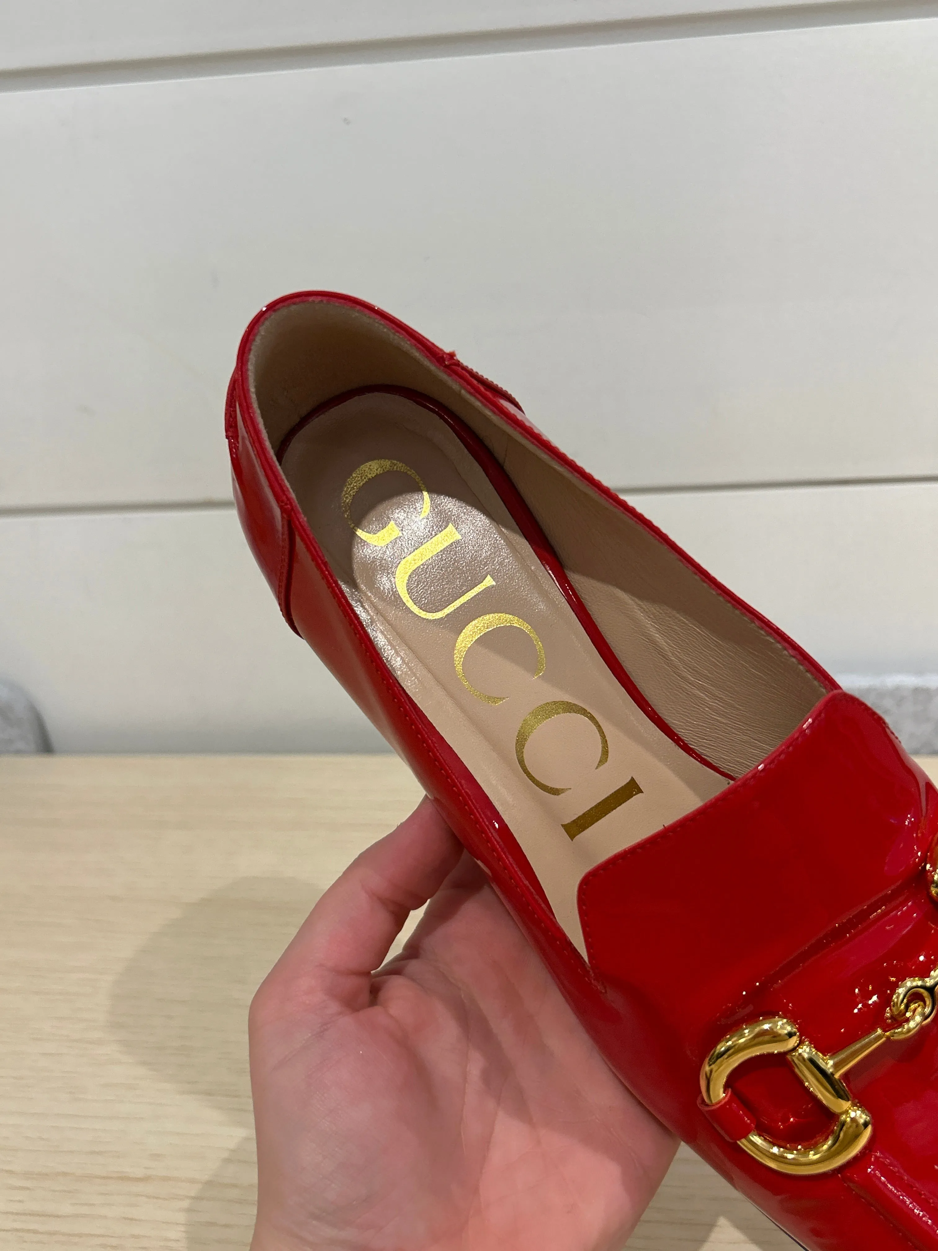 Gucci Shoes, Red Vernice Horsebit Square Toe Loafers (size 39)
