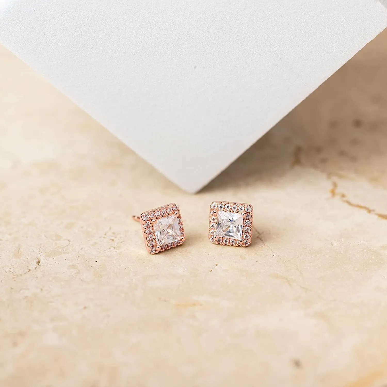 Halo Rose Gold Princess Cut Earrings