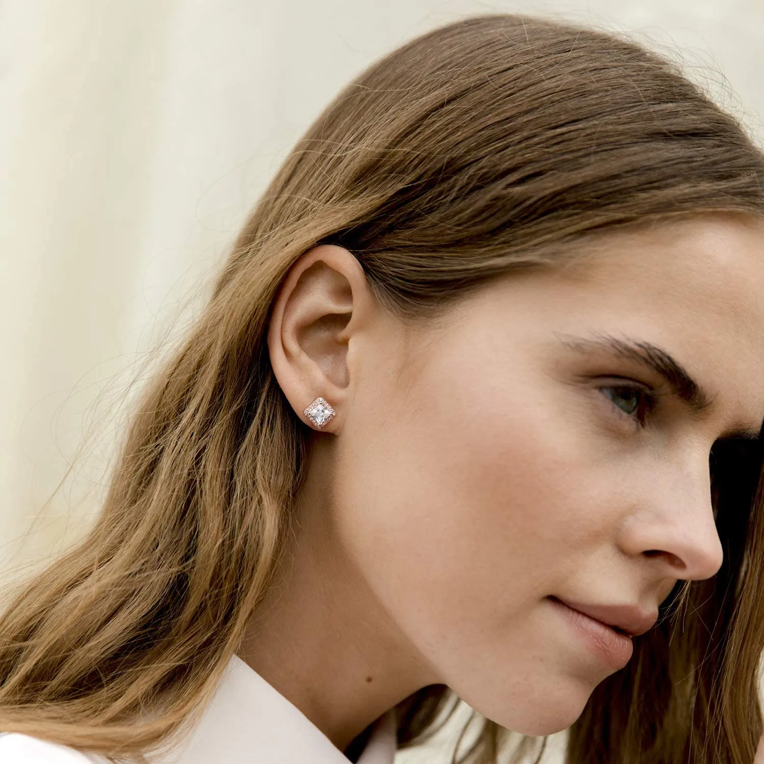 Halo Rose Gold Princess Cut Earrings