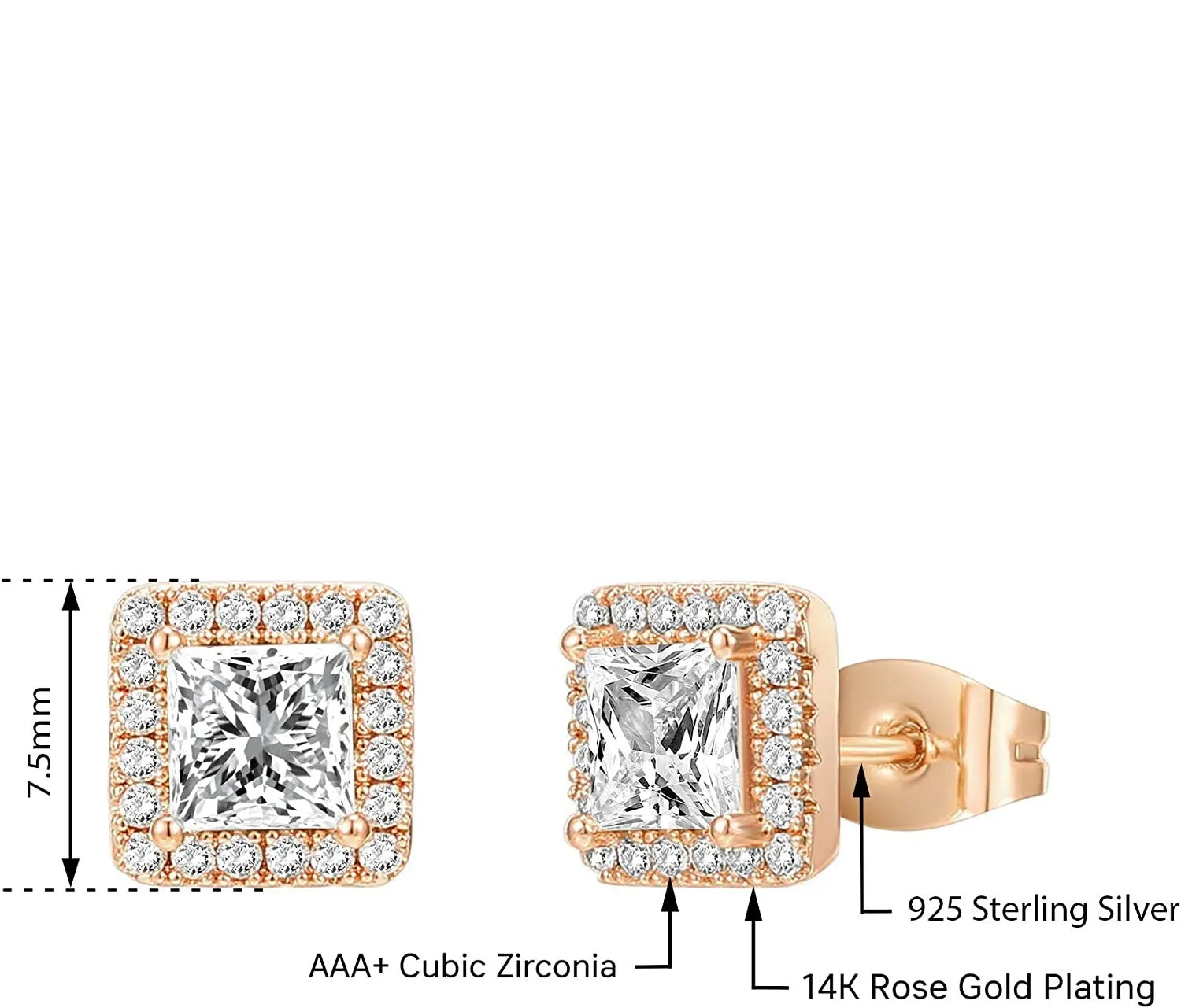 Halo Rose Gold Princess Cut Earrings