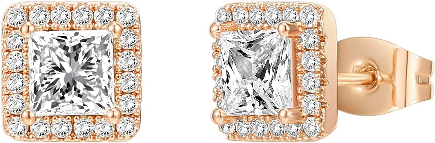 Halo Rose Gold Princess Cut Earrings