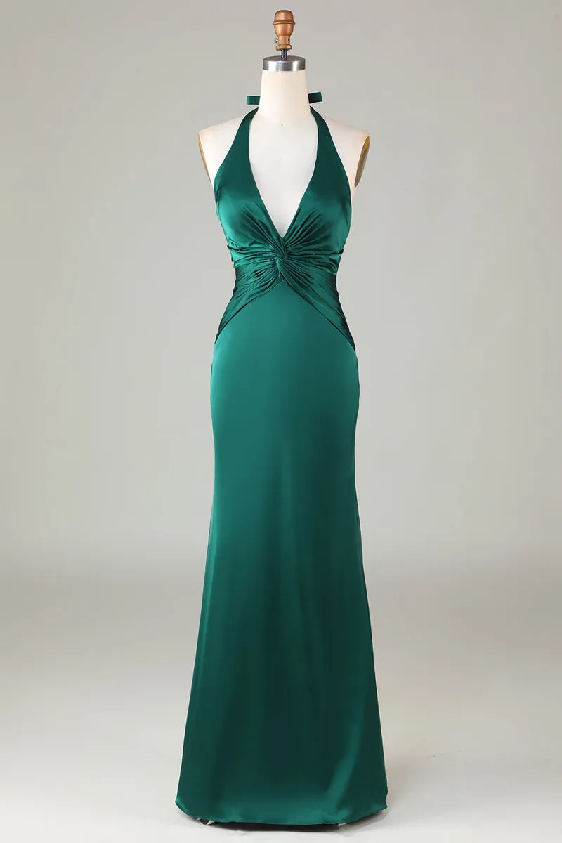 Halter Emerald Green Wedding Guest Dresses Ruched Mermaid Formal Dress
