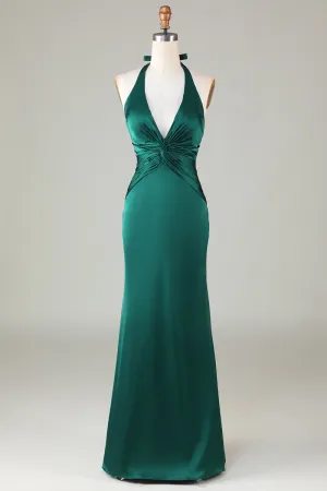 Halter Emerald Green Wedding Guest Dresses Ruched Mermaid Formal Dress