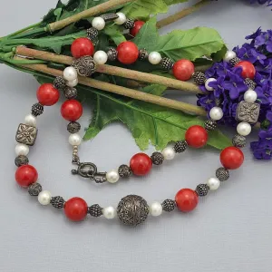 Handmade Red Coral and Pearl Beaded Necklace with Silver Accents.