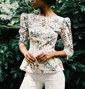 Hannah Bateau Neck Top with Corset Seam Details / Milky White Floral Cotton