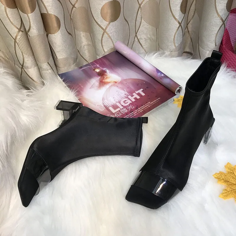 High-Heeled Elastic Shoes Woman Square Toe Transparent PVC Stretch Fabric Patchwork Slip-On Clear Square Heel Sandal Boots Women