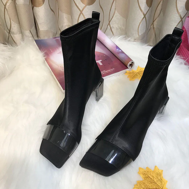 High-Heeled Elastic Shoes Woman Square Toe Transparent PVC Stretch Fabric Patchwork Slip-On Clear Square Heel Sandal Boots Women