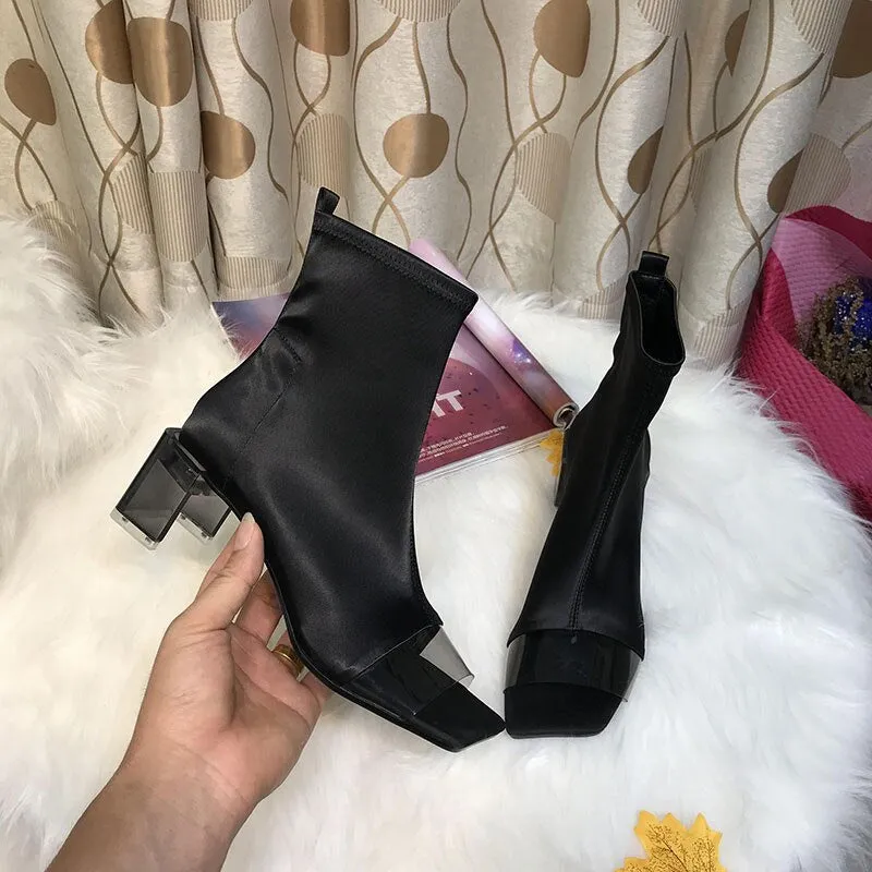 High-Heeled Elastic Shoes Woman Square Toe Transparent PVC Stretch Fabric Patchwork Slip-On Clear Square Heel Sandal Boots Women