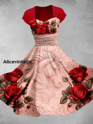 Horse Art Print Short Sleeve Vintage Elegant Dress Derby Dress
