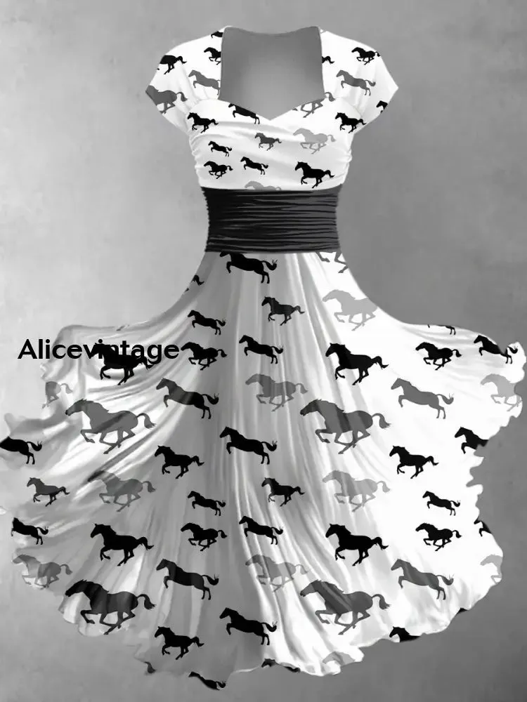 Horse Art Print Short Sleeve Vintage Midi Dress Derby Dress