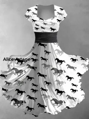 Horse Art Print Short Sleeve Vintage Midi Dress Derby Dress