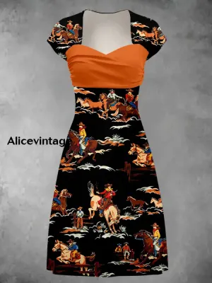 Horse Art Print Short Sleeve Vintage Midi Dress Derby Dress