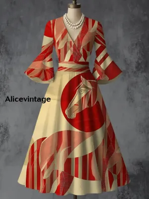 Horse Art Print V-Neck Flare Sleeve Vintage Elegant Dress Derby Dress