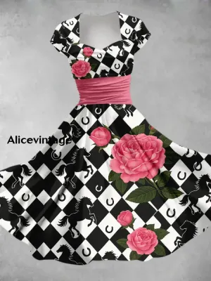 Horse Floral Art Print Short Sleeve Vintage Dress Derby Dress