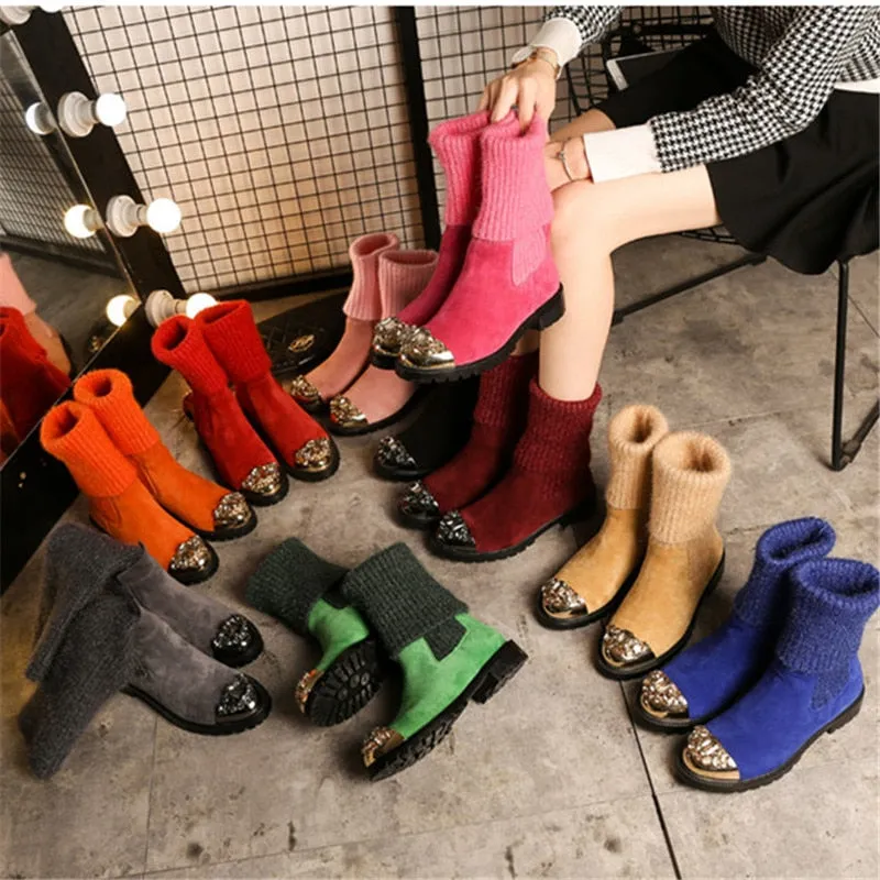 Hot Suede Leather Stretch knitting Women Winter Boots Metal Toe Crystal Embellished Sock Women Boots Shoes Woman