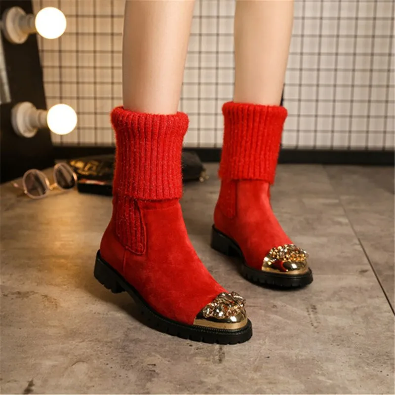 Hot Suede Leather Stretch knitting Women Winter Boots Metal Toe Crystal Embellished Sock Women Boots Shoes Woman