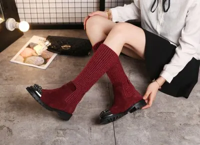 Hot Suede Leather Stretch knitting Women Winter Boots Metal Toe Crystal Embellished Sock Women Boots Shoes Woman