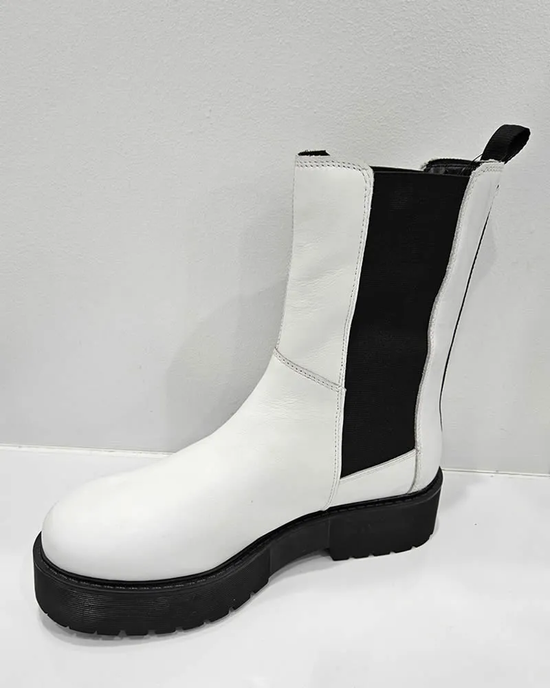 Human Shoes Dacia White Leather Chunky Sole Pull On Boots