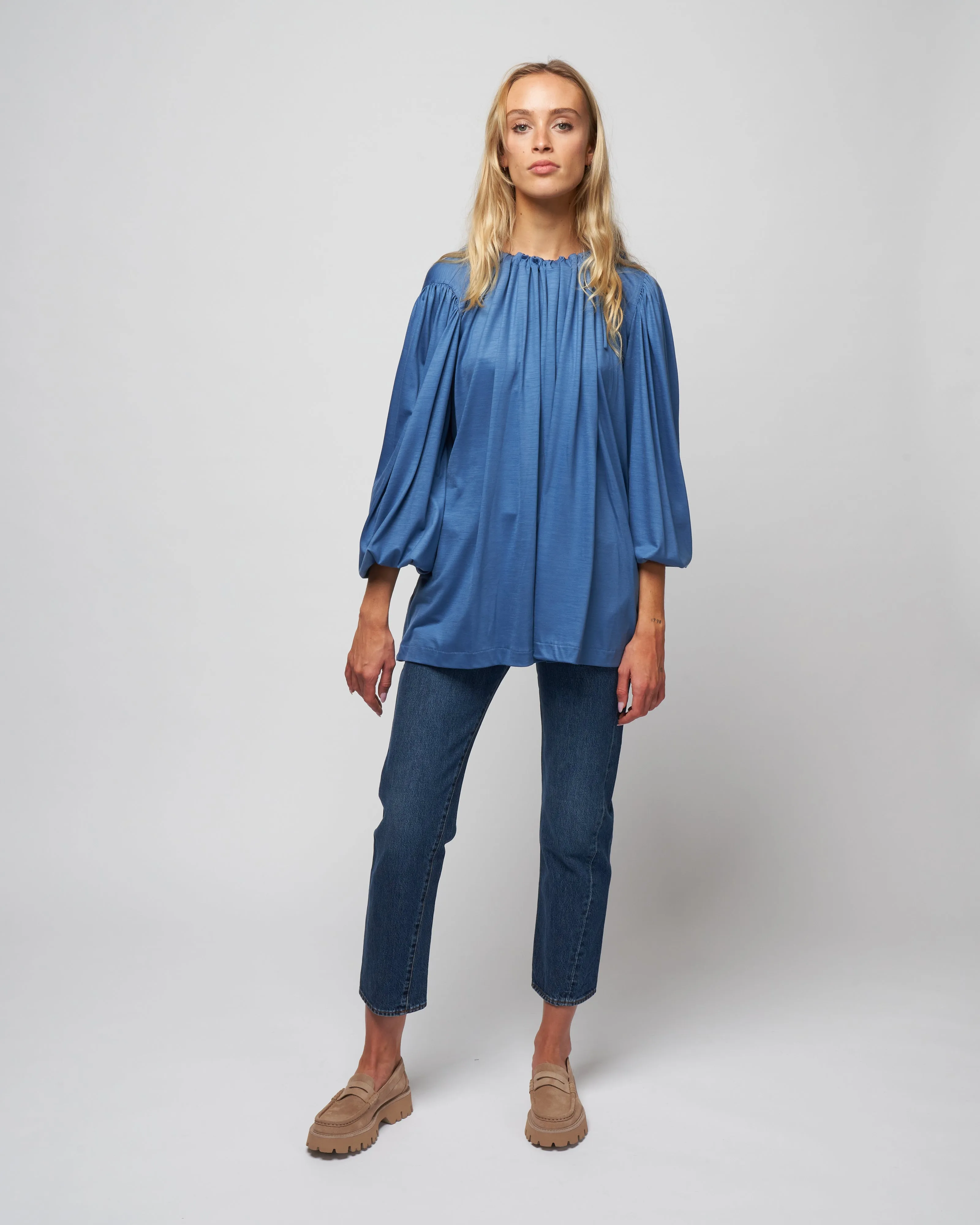 jersey drawstring neck top - knit avio blue