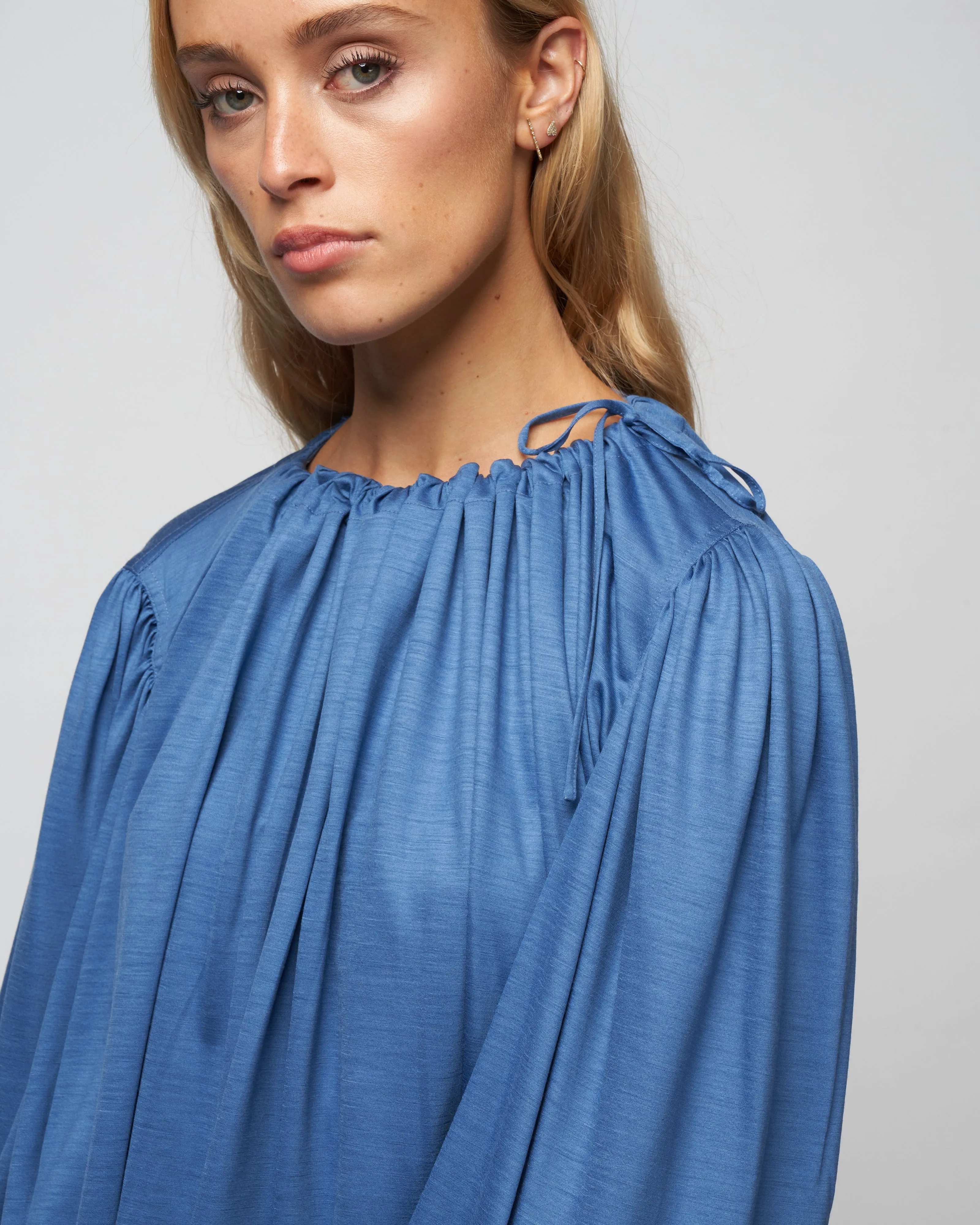jersey drawstring neck top - knit avio blue