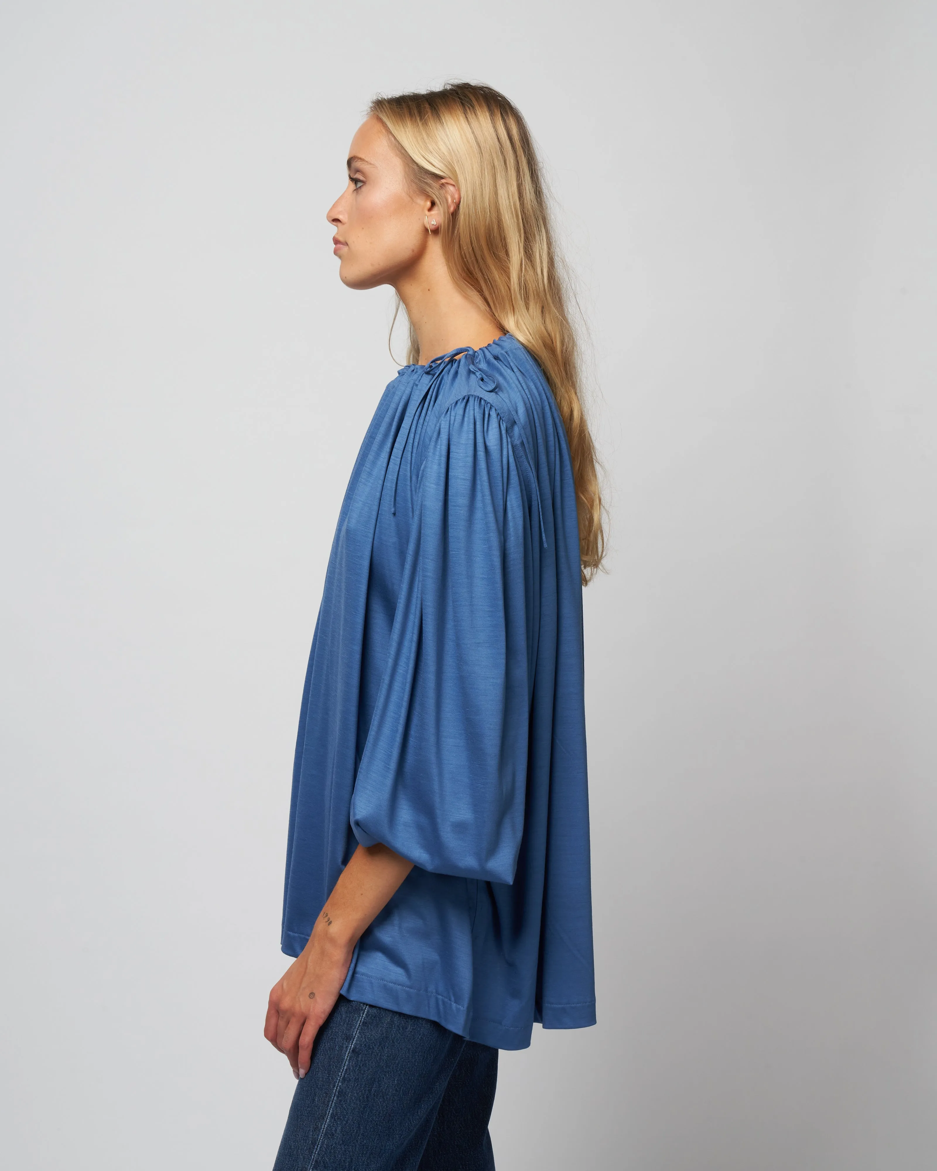 jersey drawstring neck top - knit avio blue