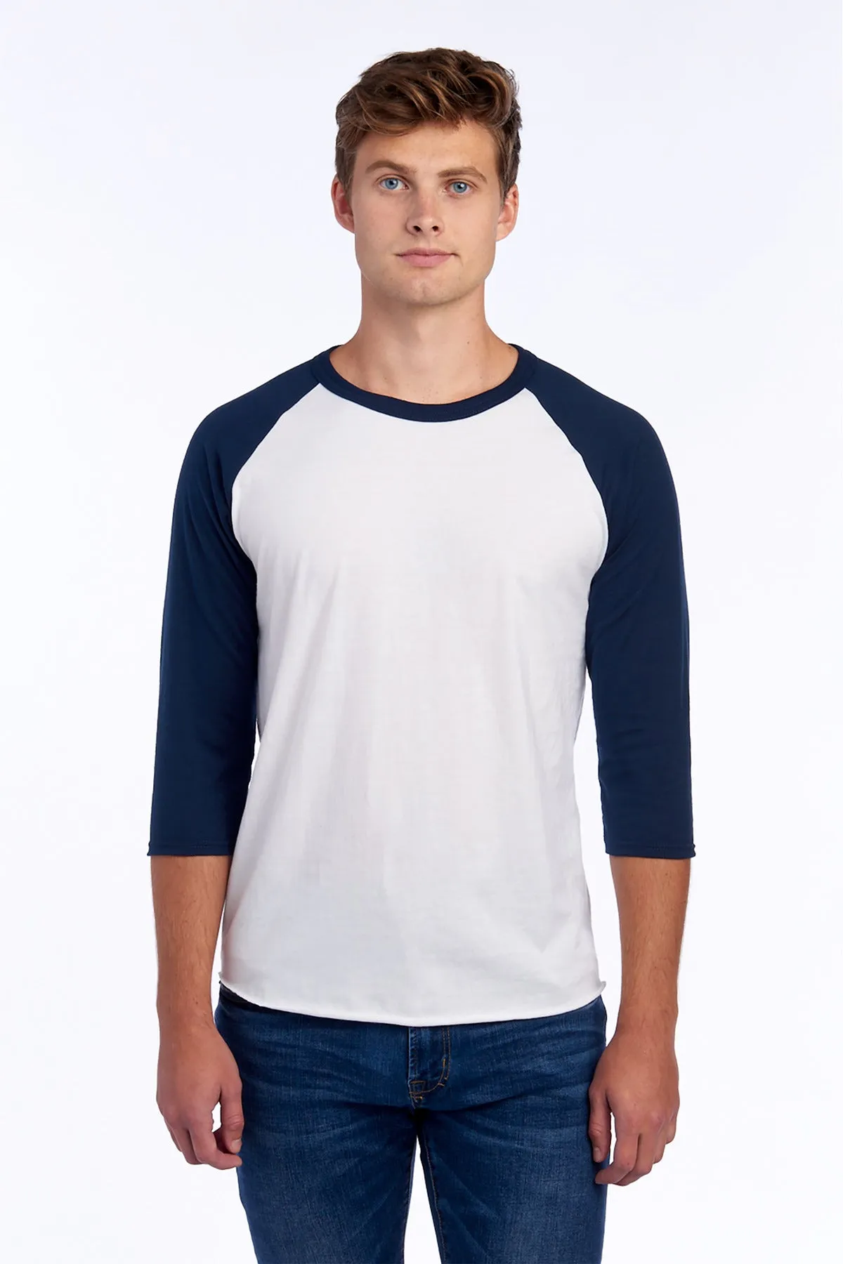 Jerzees Unisex Premium Blend Combed Ring Spun 3/4-Sleeve Raglan 560R White/ J. Navy