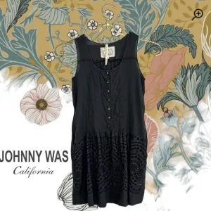 Johnny Was Black Silk eyelet Vintage JW Classics LBD Beach Bohemian Dress SZ S