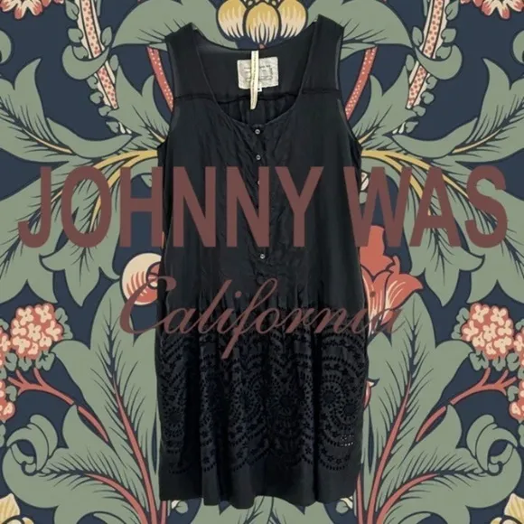 Johnny Was Black Silk eyelet Vintage JW Classics LBD Beach Bohemian Dress SZ S