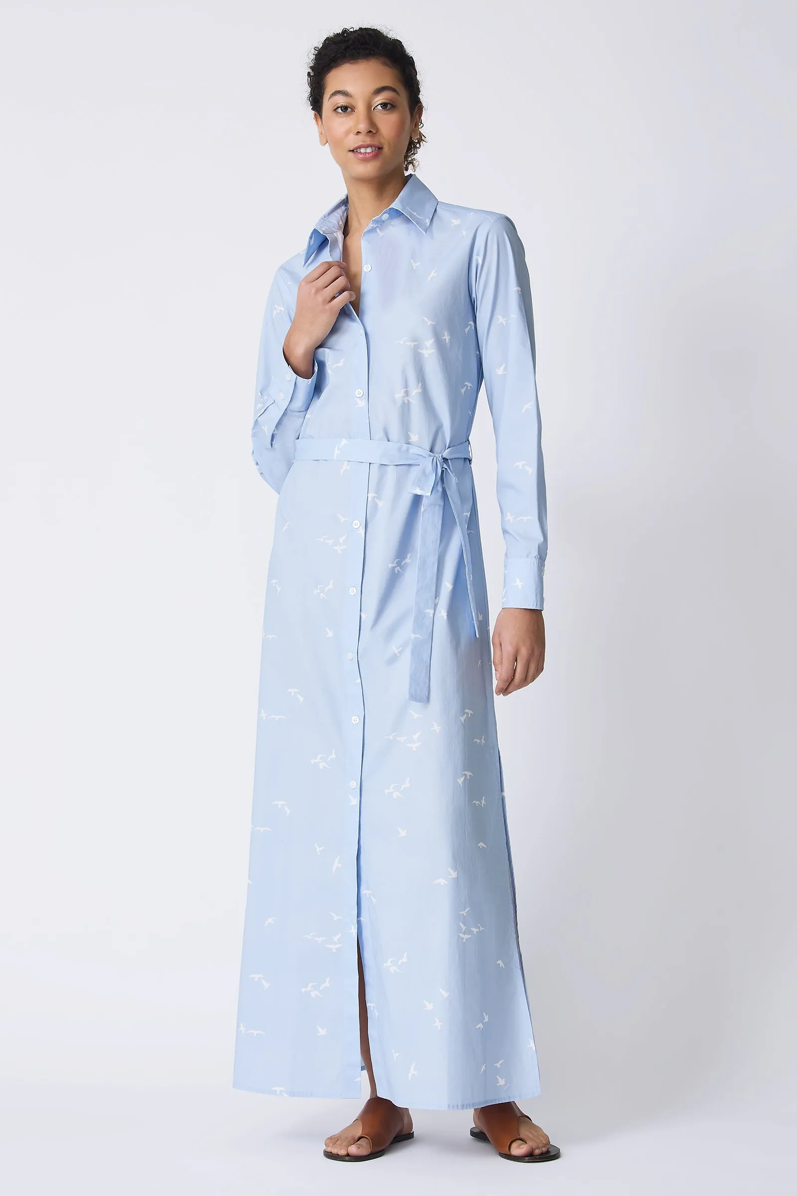 June Maxi Shirt Dress - Bird Print (Oxford Blue)