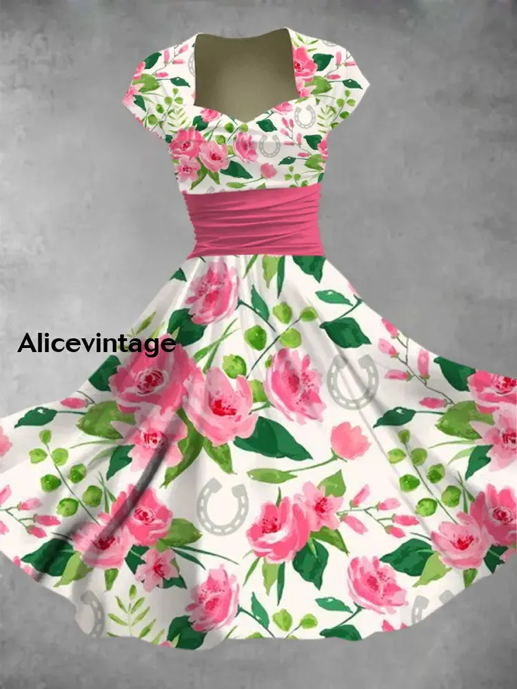Kentucky Derby Horse Art Print Vintage V-Neck Short Sleeve Midi Dress