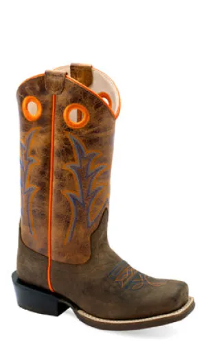 KIDS (8.5-3) DK BROWN BULL HIDE/BURNT BROWN SQ TOE COWBOY BOOT
