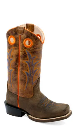 KIDS (8.5-3) DK BROWN BULL HIDE/BURNT BROWN SQ TOE COWBOY BOOT