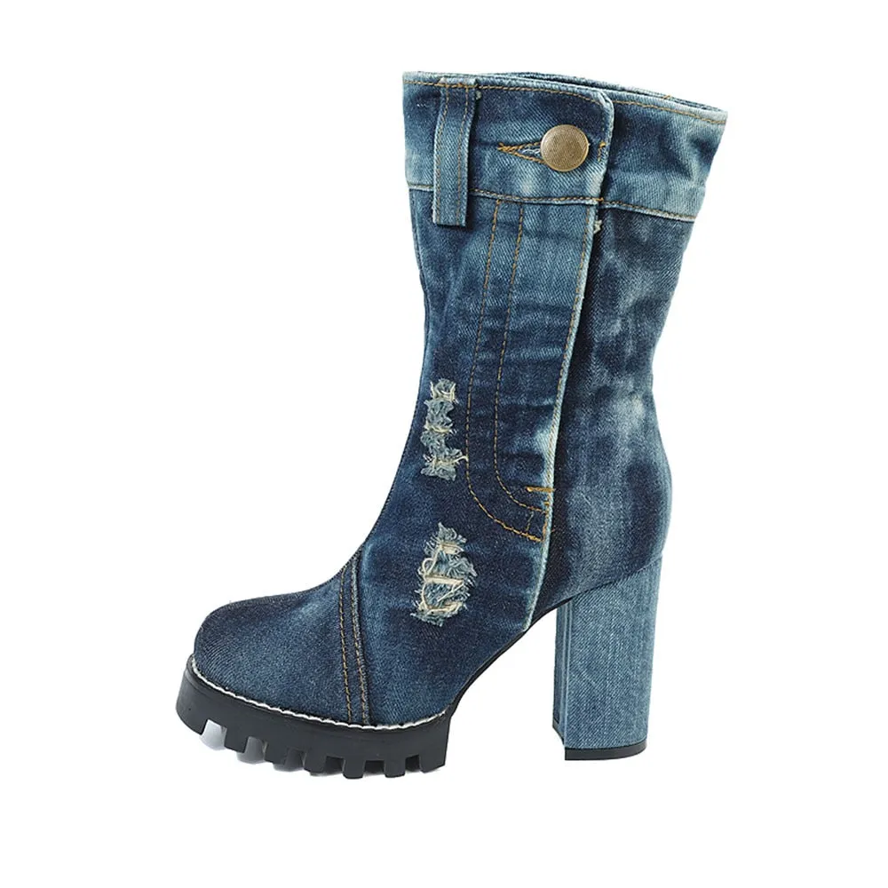 KNCOKAR  new canvas women's shoes autumn winter high heel middle boots denim chunky women's boots Martin boots size 35-41
