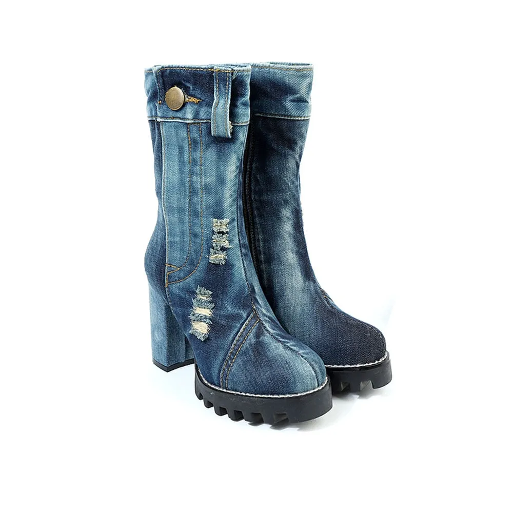 KNCOKAR  new canvas women's shoes autumn winter high heel middle boots denim chunky women's boots Martin boots size 35-41