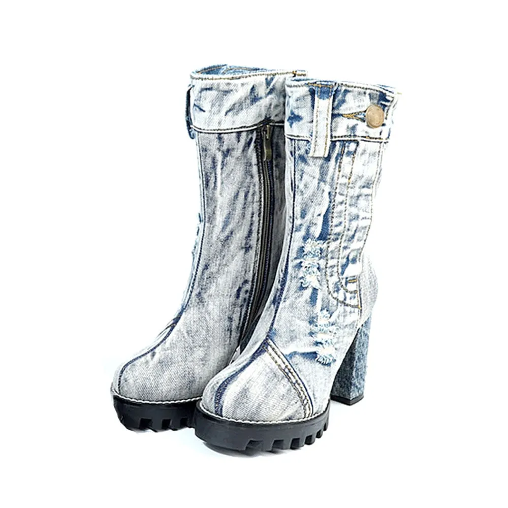 KNCOKAR  new canvas women's shoes autumn winter high heel middle boots denim chunky women's boots Martin boots size 35-41