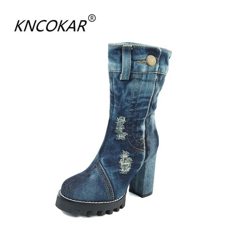 KNCOKAR  new canvas women's shoes autumn winter high heel middle boots denim chunky women's boots Martin boots size 35-41