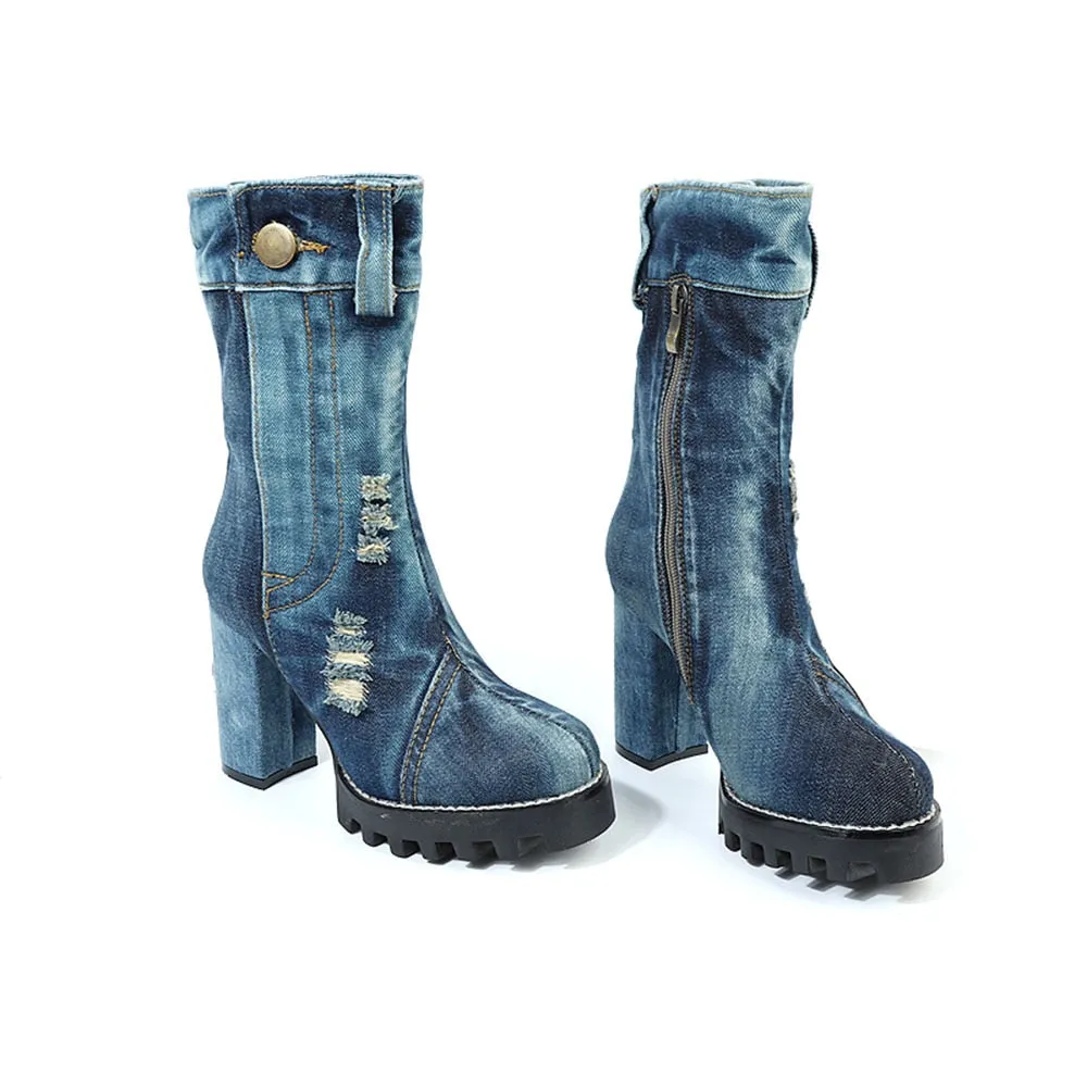 KNCOKAR  new canvas women's shoes autumn winter high heel middle boots denim chunky women's boots Martin boots size 35-41