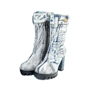 KNCOKAR  new canvas women's shoes autumn winter high heel middle boots denim chunky women's boots Martin boots size 35-41