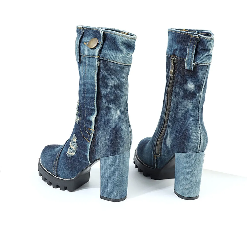 KNCOKAR  new canvas women's shoes autumn winter high heel middle boots denim chunky women's boots Martin boots size 35-41