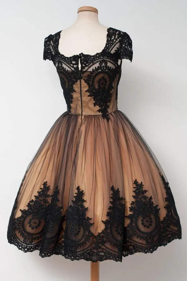 Knee-Length Square Cap Sleeves Ball Gown Homecoming Dress With Lace TR0104