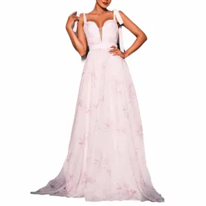 Lace-Up Strap Long Prom Dress Floral Print Vintage Wedding Gown