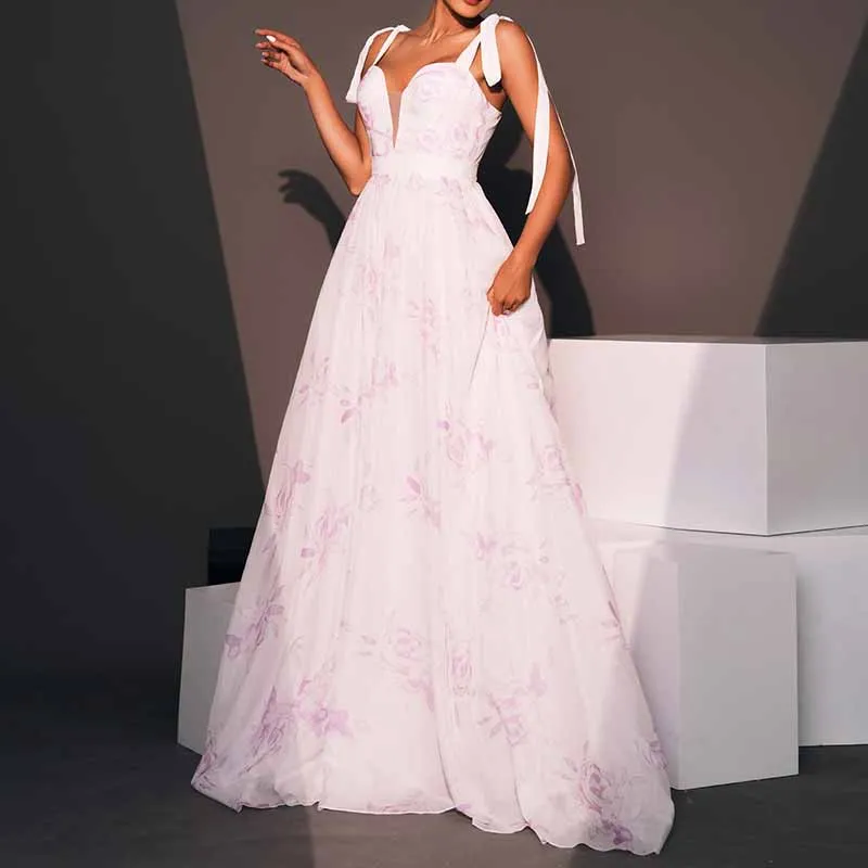 Lace-Up Strap Long Prom Dress Floral Print Vintage Wedding Gown