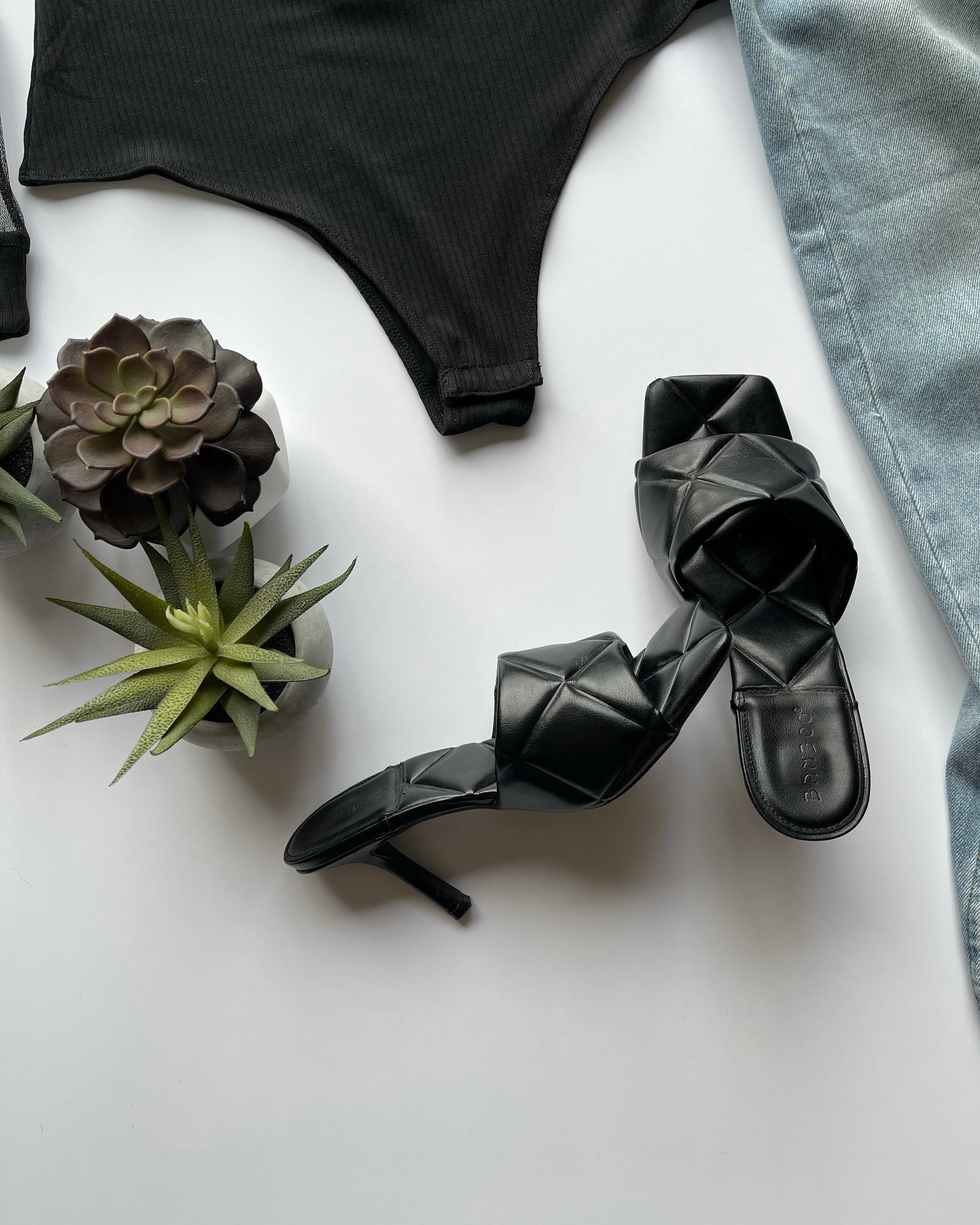 Ladies Quilted Square Toe Black Heels
