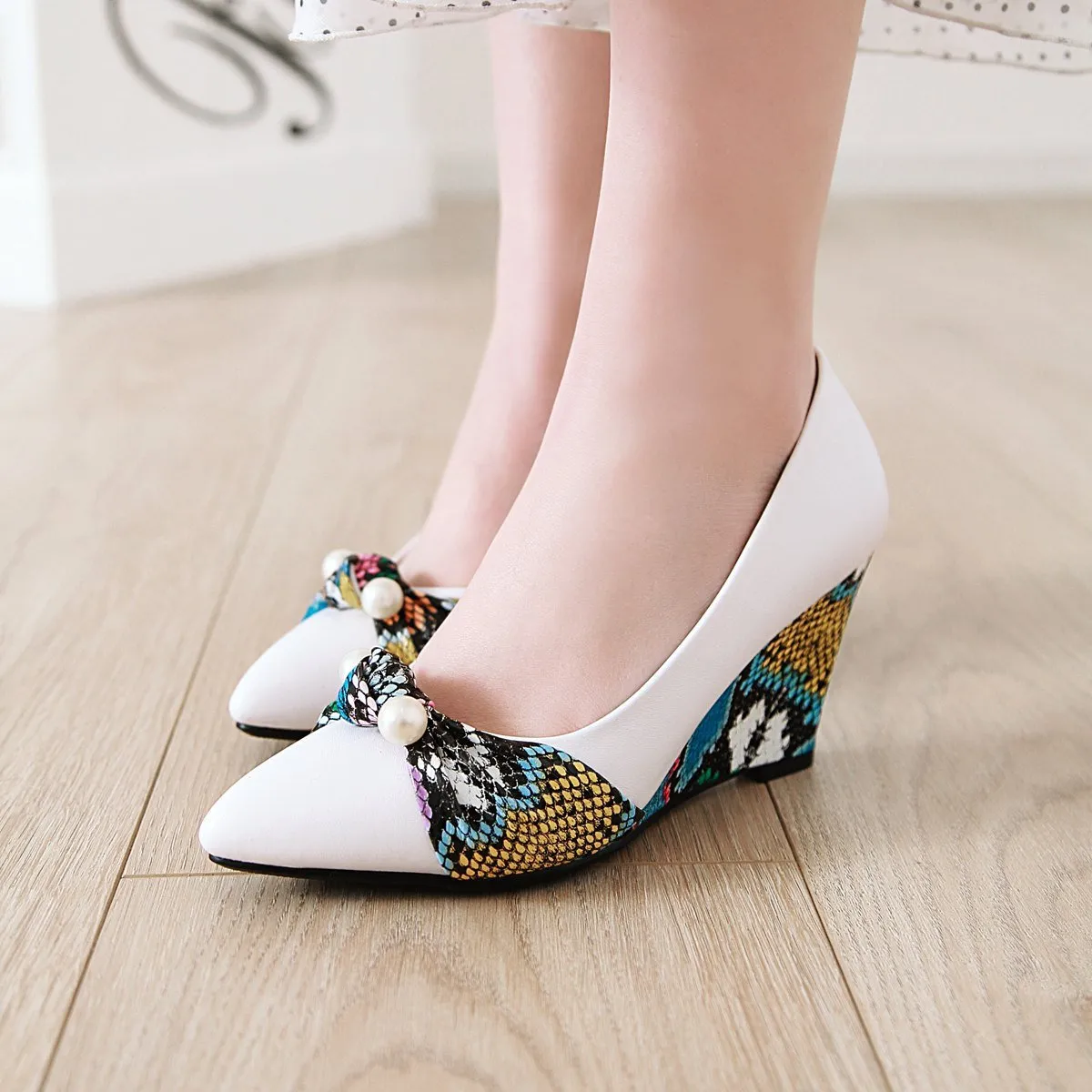 Lady Pattern High-heeled Slope-heeled 33-43 Plus Size Shallow-mouthed Wedges Shoes
