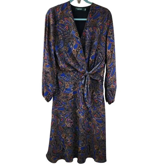 Lauren Ralph Lauren Size 6 Dress Faux Wrap Paisley Long Sleeve Midi