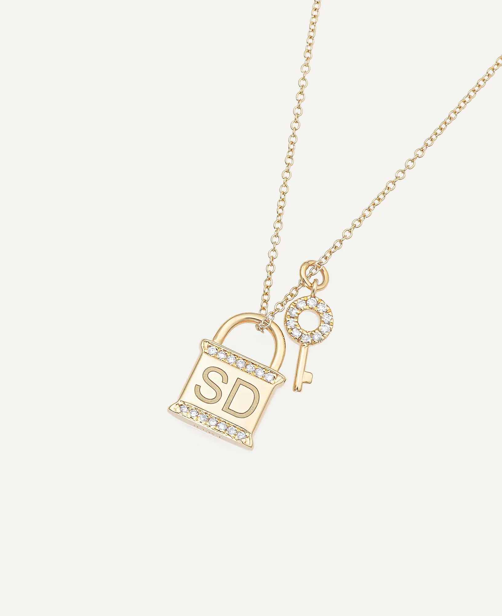 Leighton Custom 14k Solid Gold Engraved Lock-and-Key Necklace with Diamonds