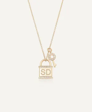 Leighton Custom 14k Solid Gold Engraved Lock-and-Key Necklace with Diamonds