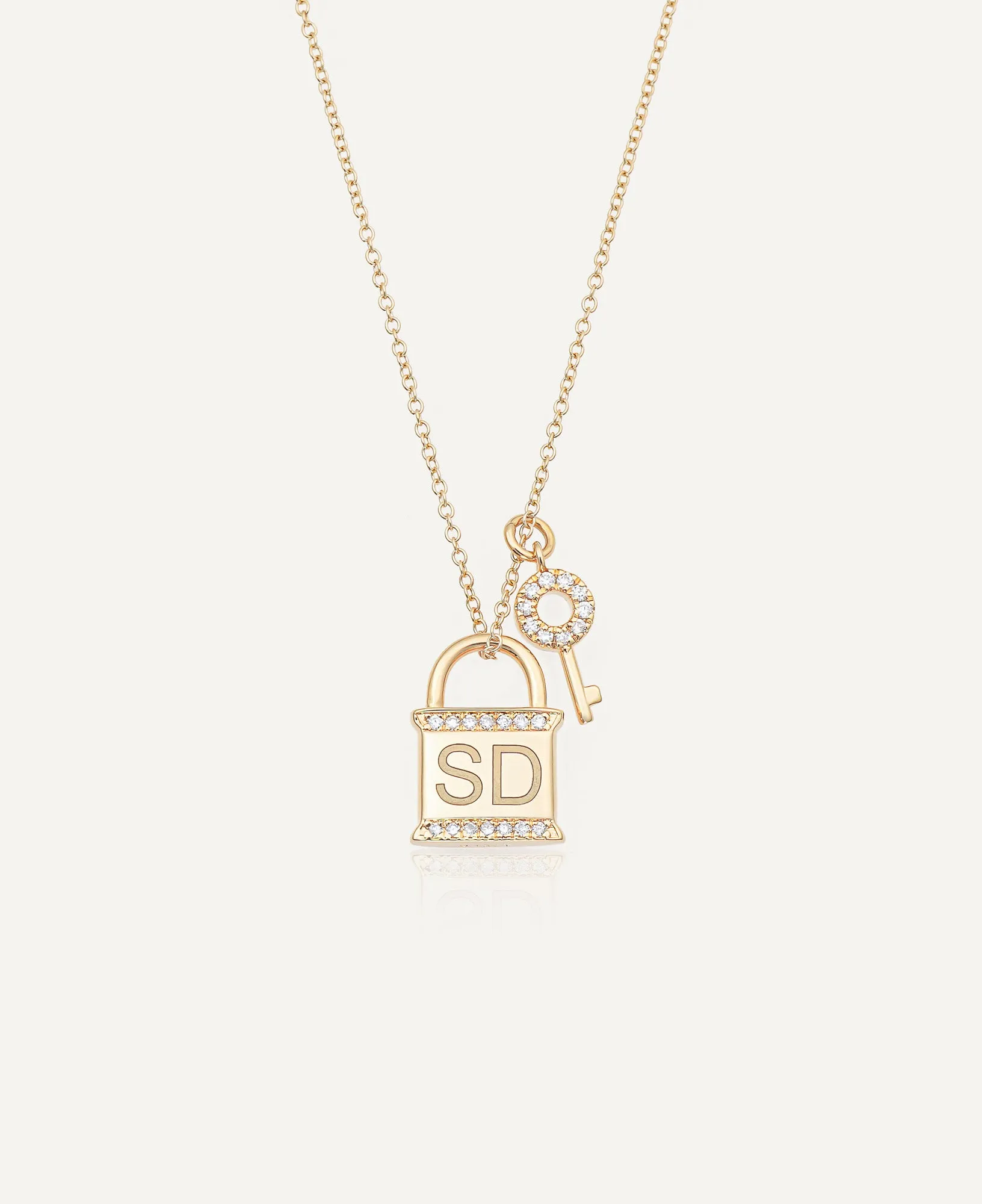 Leighton Custom 14k Solid Gold Engraved Lock-and-Key Necklace with Diamonds